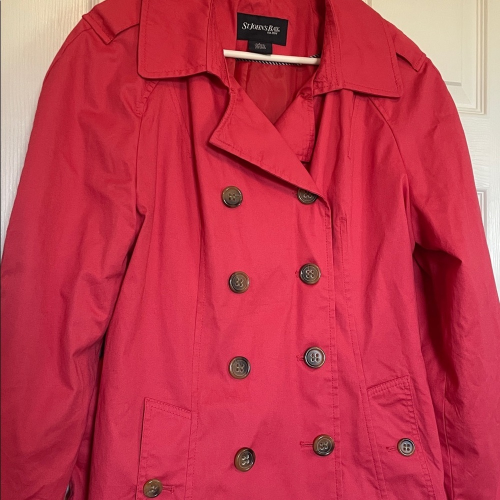 Women’s L St. John’s Bay coral belted car length coat double breasted buttons - Picture 4 of 11